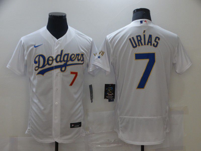 Men Los Angeles Dodgers 7 Urias Champion of white gold and blue characters Elite 2021 Nike MLB Jersey